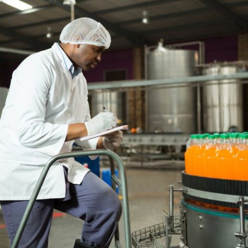 Male worker checking bottles in juice factory